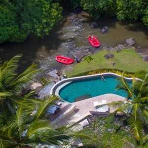 Four Seasons Bali at Sayan - Luxury Bali Honeymoon Packages - aerial view riverside cafe