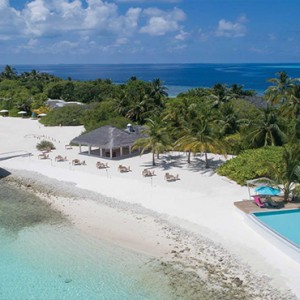 OBLU by Atmosphere at Helengali - Luxury Maldives Honeymoon Packages - Aerial view of adult only pool